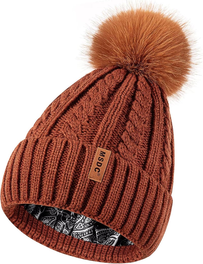 MSDC Satin Lined Beanie for Women with Pom Pom, Warm Womens Winter Hats with Silk Lined, Fashionable Knit Beanie Skull Cap - Image 1